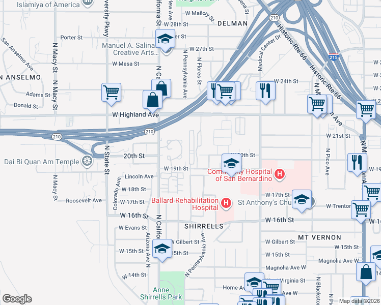 map of restaurants, bars, coffee shops, grocery stores, and more near 1826 West 19th Street in San Bernardino