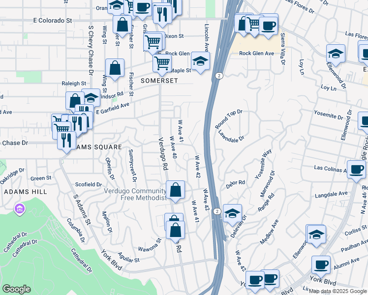 map of restaurants, bars, coffee shops, grocery stores, and more near 3022 Palmer Drive in Los Angeles