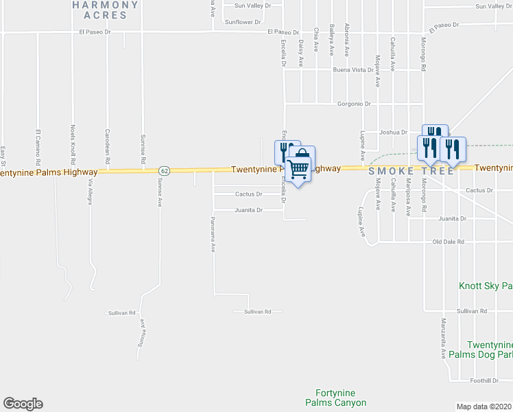 map of restaurants, bars, coffee shops, grocery stores, and more near 71620 Juanita Drive in Twentynine Palms
