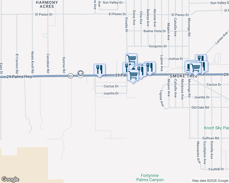 map of restaurants, bars, coffee shops, grocery stores, and more near 71620 Juanita Drive in Twentynine Palms