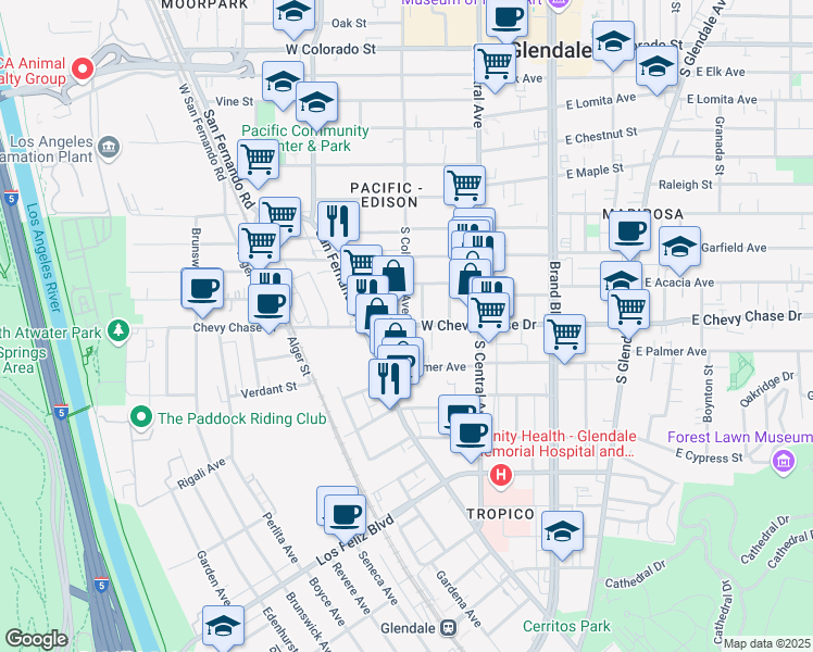 map of restaurants, bars, coffee shops, grocery stores, and more near 1339 North Columbus Avenue in Glendale