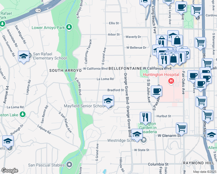 map of restaurants, bars, coffee shops, grocery stores, and more near 527 Bradford Street in Pasadena