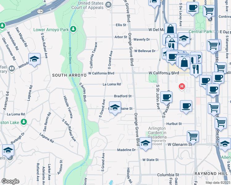 map of restaurants, bars, coffee shops, grocery stores, and more near 527 Bradford Street in Pasadena