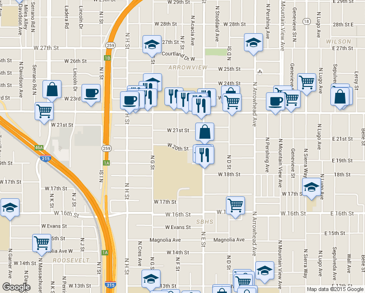 map of restaurants, bars, coffee shops, grocery stores, and more near 560 West 20th Street in San Bernardino