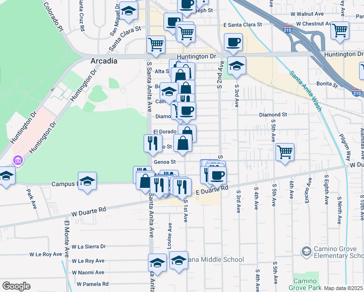 map of restaurants, bars, coffee shops, grocery stores, and more near 53 Fano Street in Arcadia