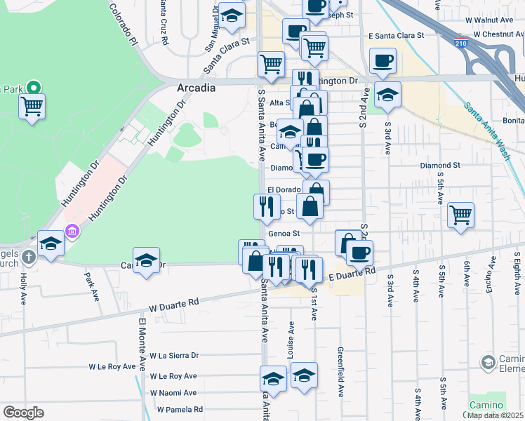 map of restaurants, bars, coffee shops, grocery stores, and more near 14 El Dorado Street in Arcadia