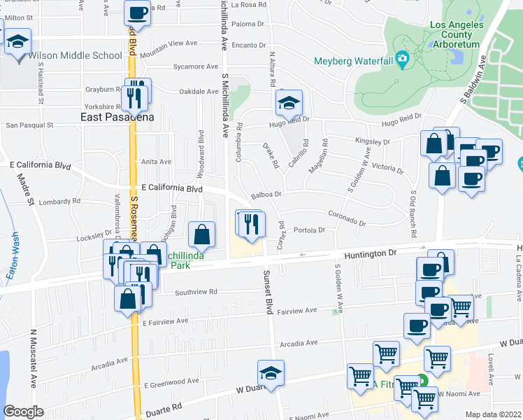 map of restaurants, bars, coffee shops, grocery stores, and more near 607 Cortez Road in Arcadia