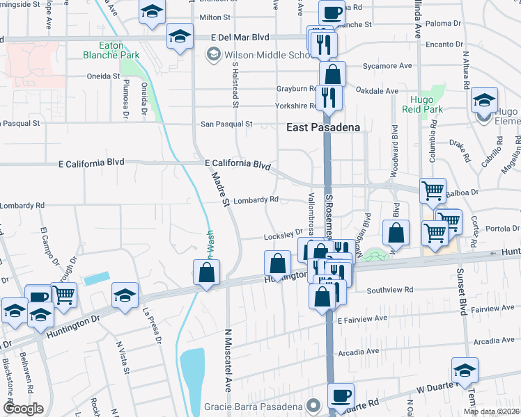 map of restaurants, bars, coffee shops, grocery stores, and more near 3569 Lombardy Road in Pasadena
