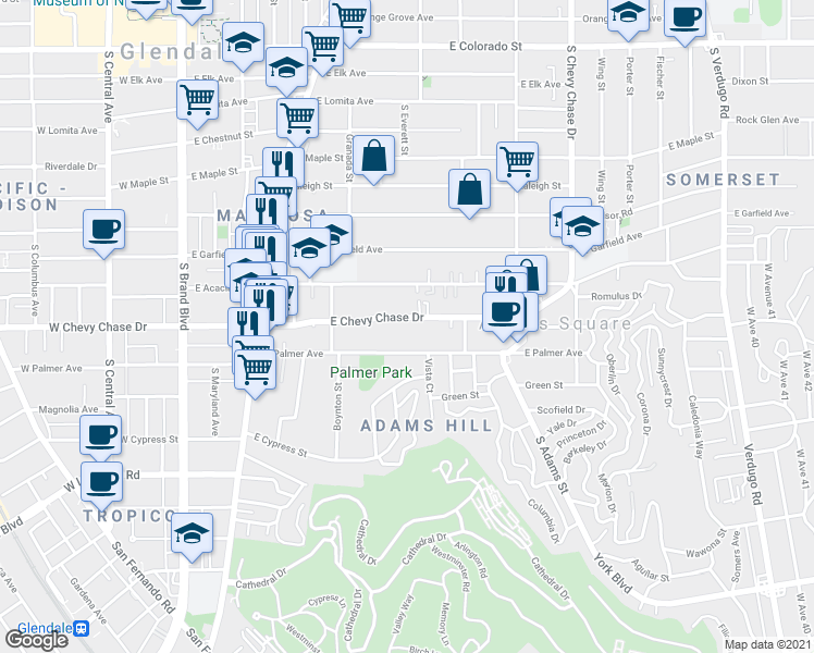 map of restaurants, bars, coffee shops, grocery stores, and more near in Glendale