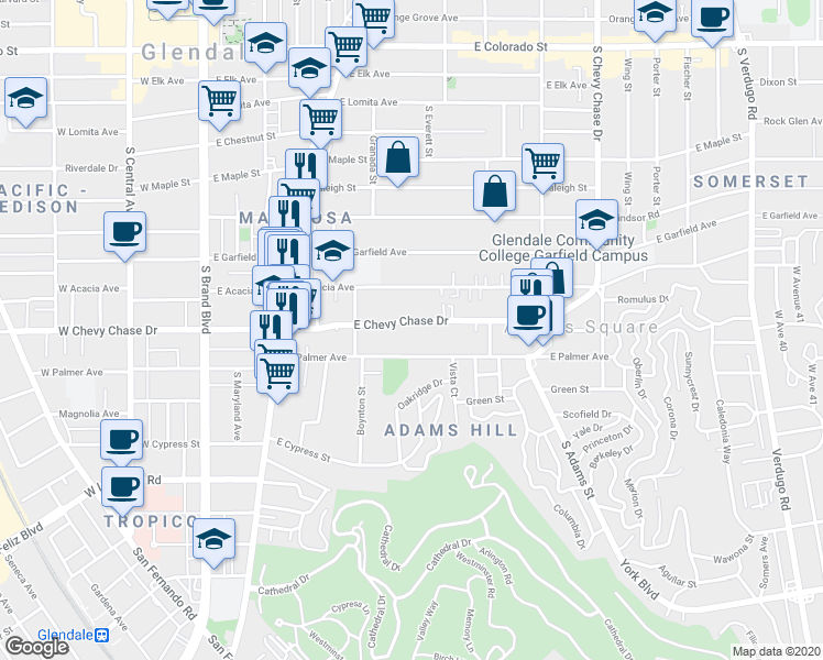 map of restaurants, bars, coffee shops, grocery stores, and more near in Glendale