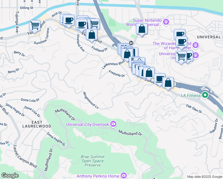 map of restaurants, bars, coffee shops, grocery stores, and more near 7765 Skyhill Drive in Los Angeles