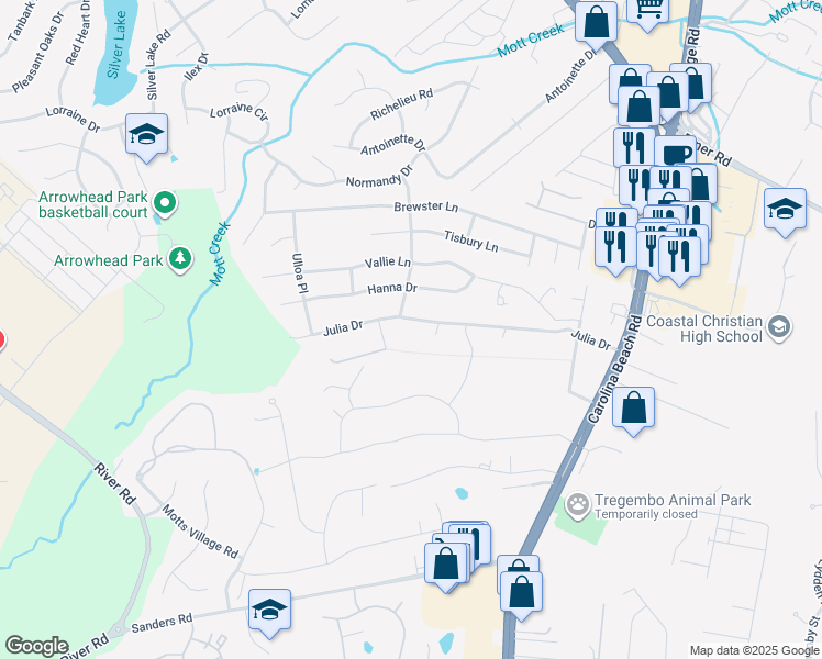 map of restaurants, bars, coffee shops, grocery stores, and more near 501 Julia Drive in Wilmington