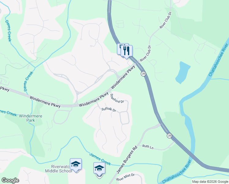 map of restaurants, bars, coffee shops, grocery stores, and more near 3950 Stanford Drive in Cumming