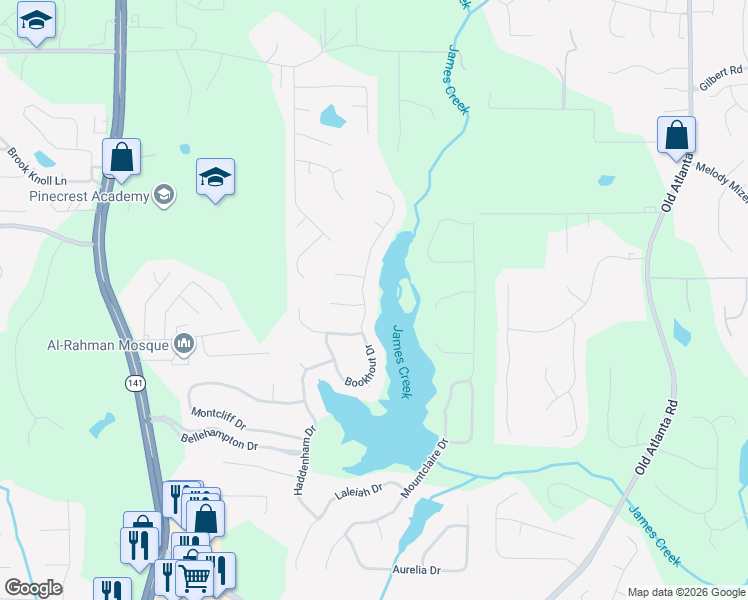 map of restaurants, bars, coffee shops, grocery stores, and more near 1430 Bookhout Drive in Cumming