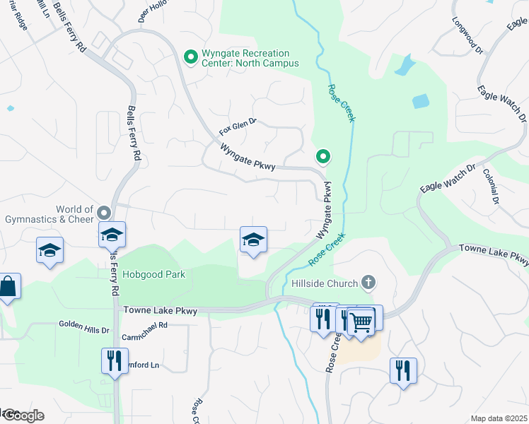 map of restaurants, bars, coffee shops, grocery stores, and more near 504 Little River Court in Woodstock