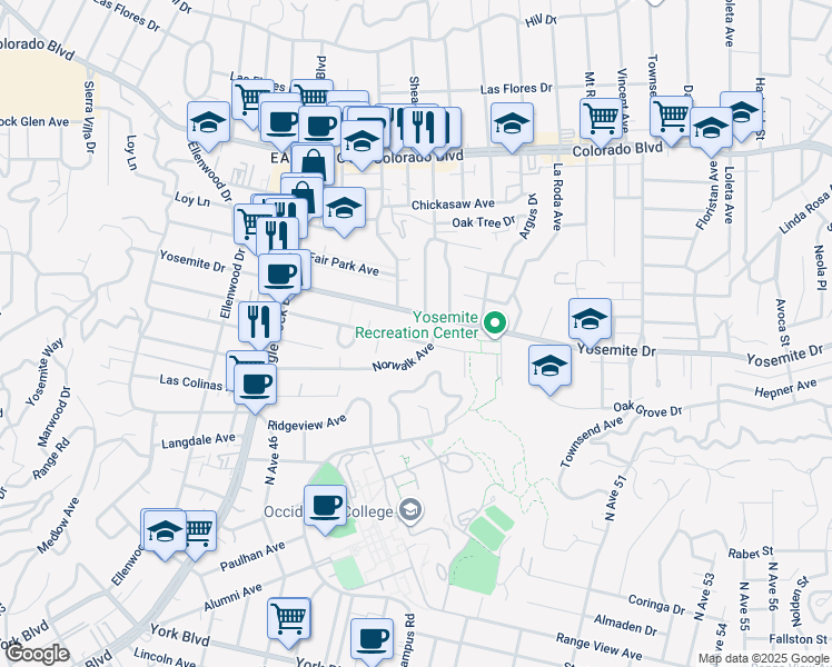 map of restaurants, bars, coffee shops, grocery stores, and more near 1961 Addison Way in Los Angeles