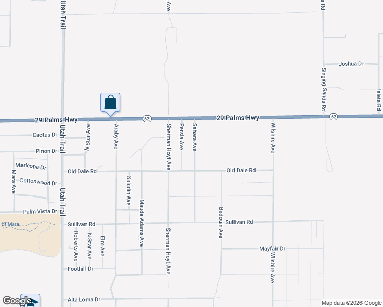 map of restaurants, bars, coffee shops, grocery stores, and more near 6636 Sahara Avenue in Twentynine Palms