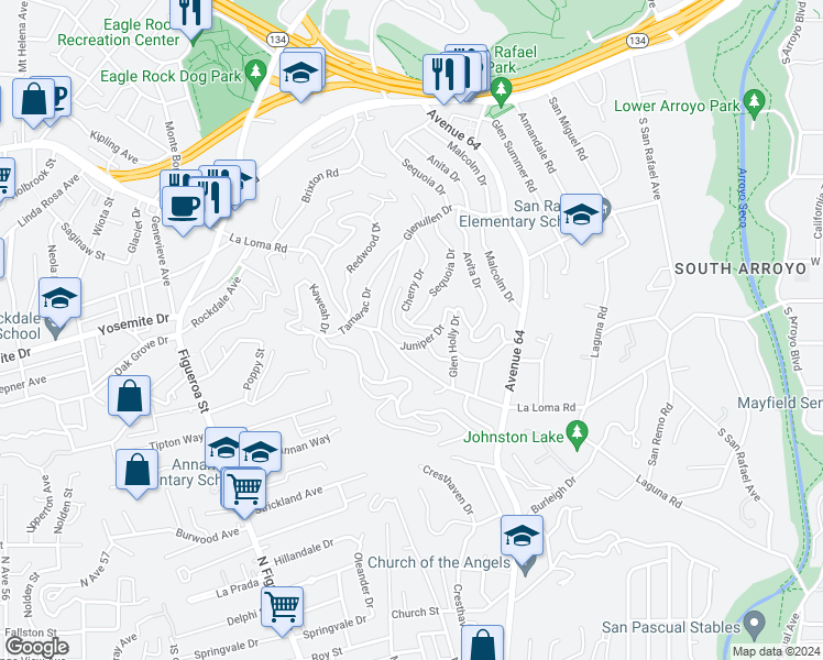 map of restaurants, bars, coffee shops, grocery stores, and more near 439 Cherry Drive in Pasadena