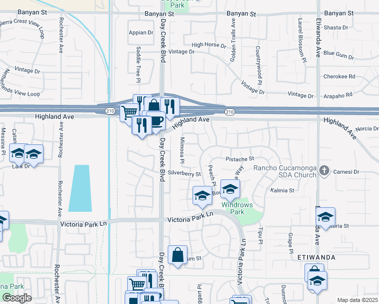 map of restaurants, bars, coffee shops, grocery stores, and more near 12375 Dove Tree Drive in Rancho Cucamonga
