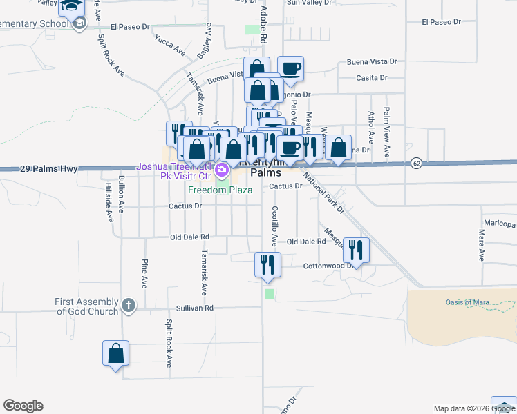 map of restaurants, bars, coffee shops, grocery stores, and more near 6610 Adobe Road in Twentynine Palms