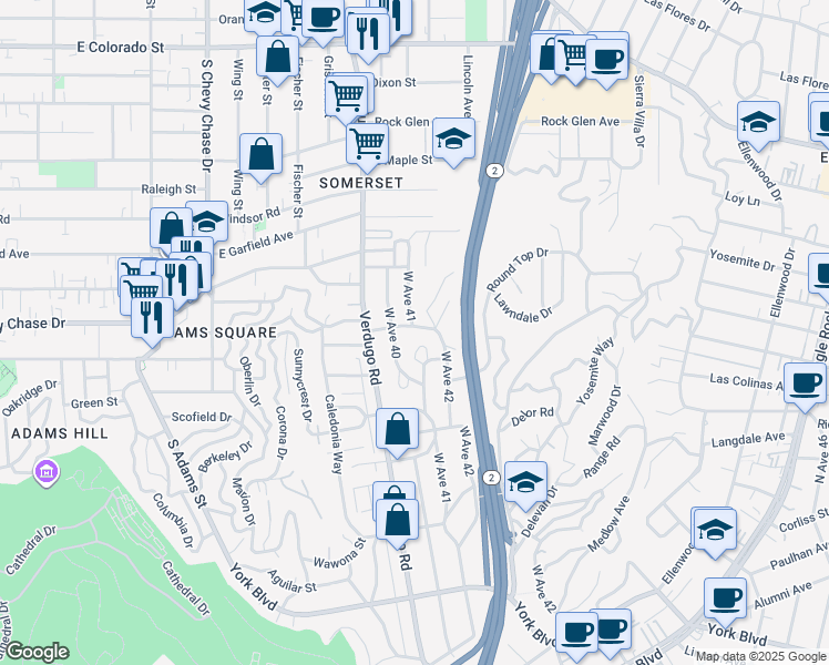 map of restaurants, bars, coffee shops, grocery stores, and more near 3022 Palmer Drive in Los Angeles