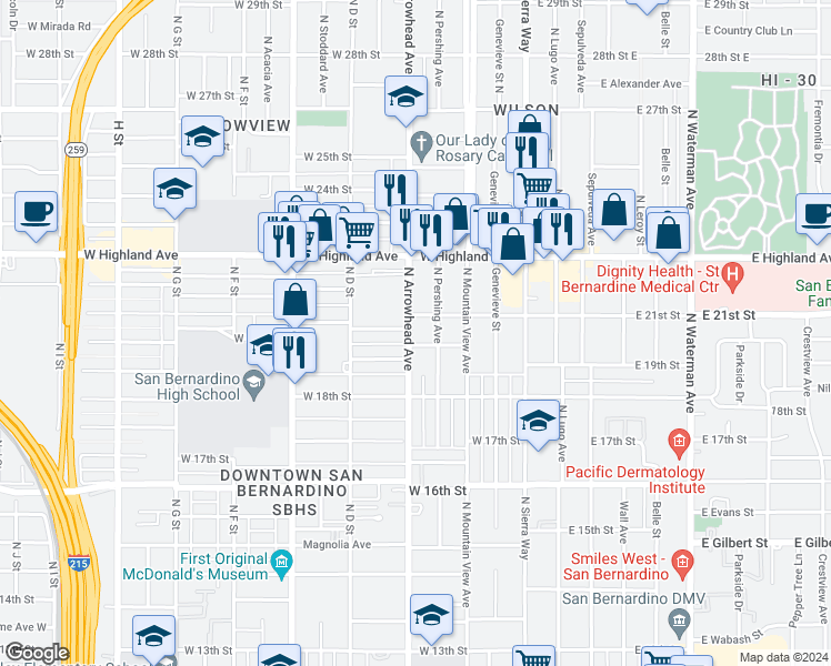 map of restaurants, bars, coffee shops, grocery stores, and more near North Arrowhead Avenue in San Bernardino