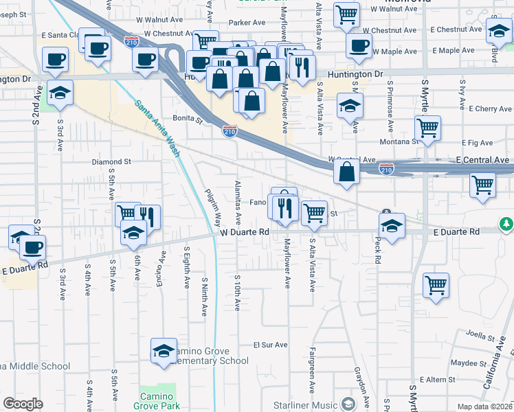 map of restaurants, bars, coffee shops, grocery stores, and more near 1620 Radford Place in Monrovia