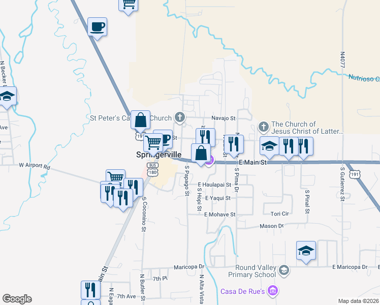 map of restaurants, bars, coffee shops, grocery stores, and more near 2-98 North Papago Street in Springerville