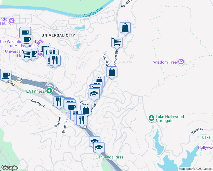 map of restaurants, bars, coffee shops, grocery stores, and more near 3412 Barham Boulevard in Los Angeles