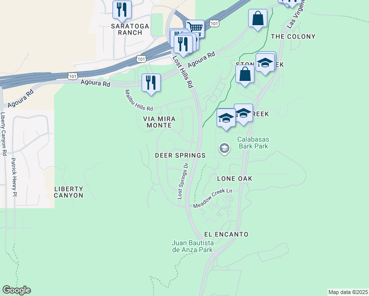 map of restaurants, bars, coffee shops, grocery stores, and more near 4039 Cottonwood Grove Trail in Agoura Hills