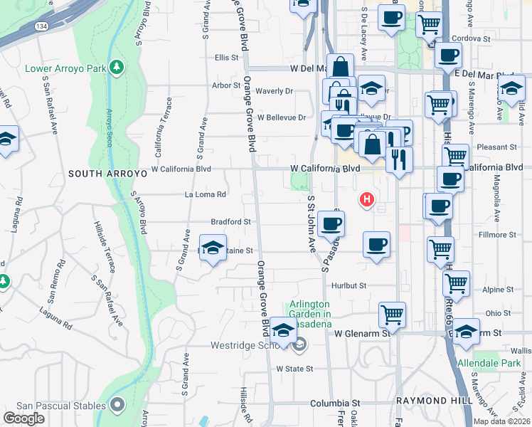map of restaurants, bars, coffee shops, grocery stores, and more near 720 South Orange Grove Boulevard in Pasadena