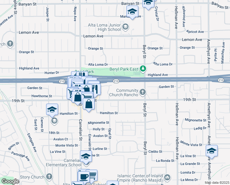 map of restaurants, bars, coffee shops, grocery stores, and more near 8890 19th Street in Rancho Cucamonga