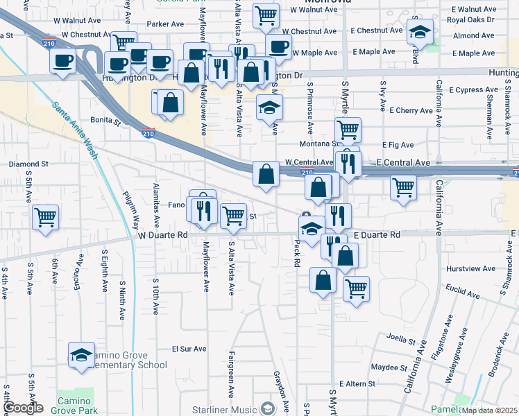 map of restaurants, bars, coffee shops, grocery stores, and more near 319 Genoa Street in Monrovia