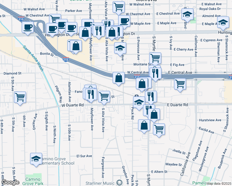 map of restaurants, bars, coffee shops, grocery stores, and more near 319 Genoa Street in Monrovia