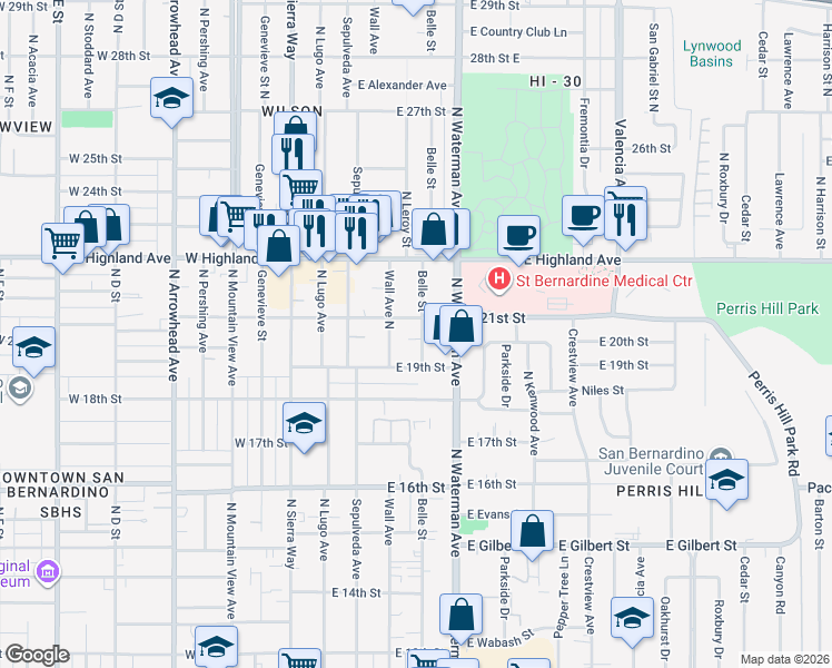 map of restaurants, bars, coffee shops, grocery stores, and more near 2048 Belle Street in San Bernardino