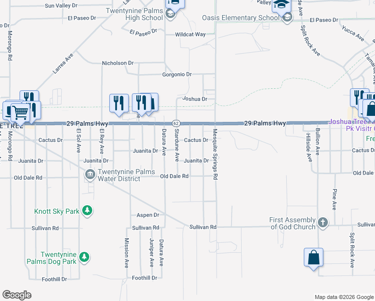 map of restaurants, bars, coffee shops, grocery stores, and more near 6602 Rose Ellen Avenue in Twentynine Palms