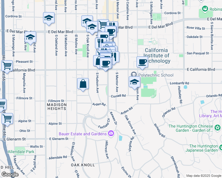 map of restaurants, bars, coffee shops, grocery stores, and more near 677 South Lake Avenue in Pasadena