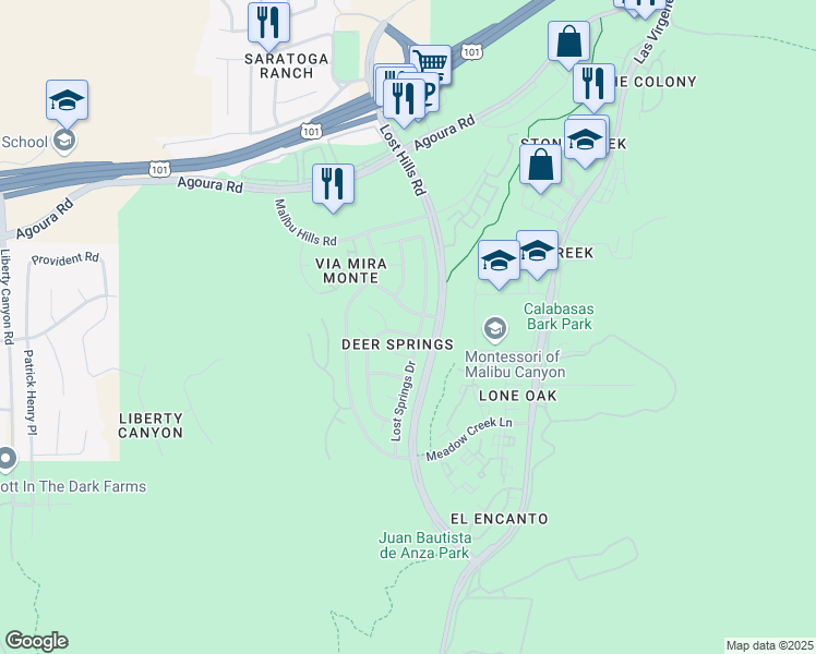map of restaurants, bars, coffee shops, grocery stores, and more near 4039 Cottonwood Grove Trail in Agoura Hills