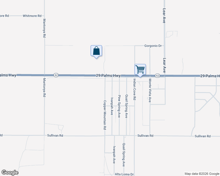 map of restaurants, bars, coffee shops, grocery stores, and more near 6582 Ivanpah Avenue in Twentynine Palms