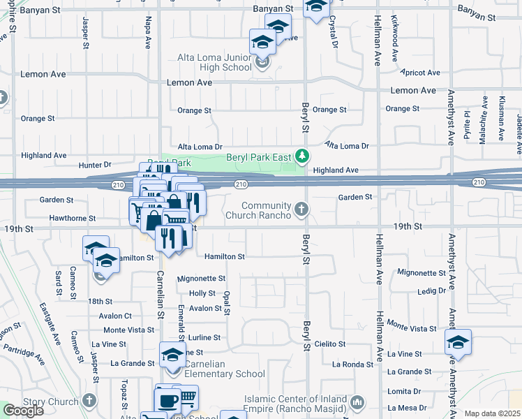 map of restaurants, bars, coffee shops, grocery stores, and more near 8990 19th Street in Rancho Cucamonga