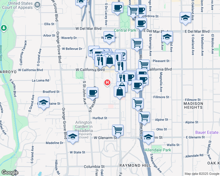 map of restaurants, bars, coffee shops, grocery stores, and more near 725 Fairmount Avenue South in Pasadena
