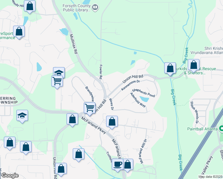 map of restaurants, bars, coffee shops, grocery stores, and more near 550 Union Hill Road in Alpharetta