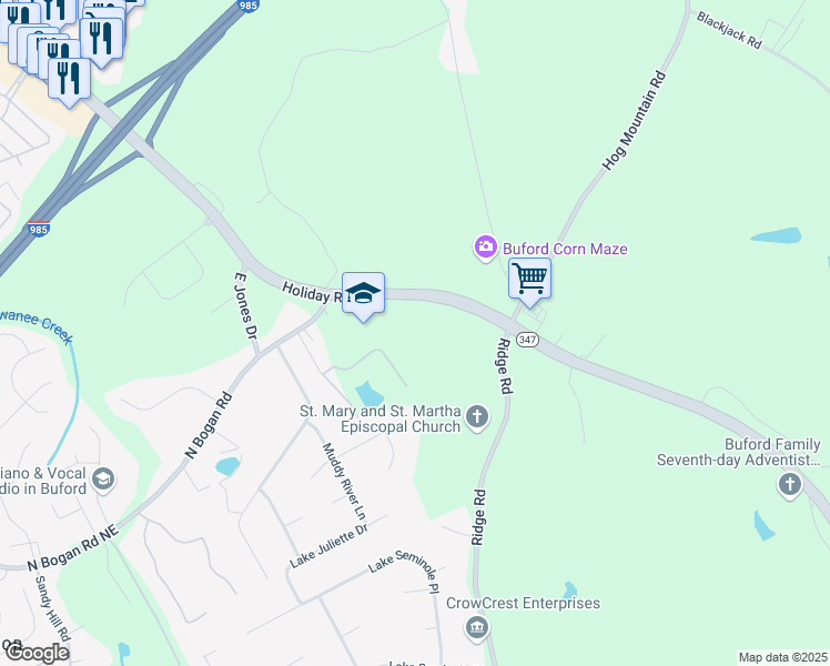 map of restaurants, bars, coffee shops, grocery stores, and more near 4450 Friendship Road in Buford