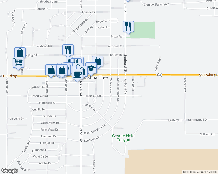 map of restaurants, bars, coffee shops, grocery stores, and more near 62060 Valley View Circle in Joshua Tree