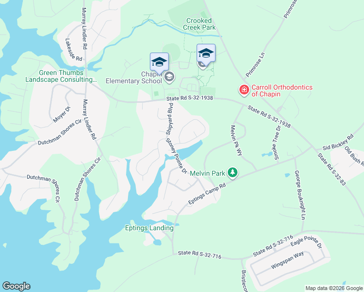 map of restaurants, bars, coffee shops, grocery stores, and more near 121 Walkbridge Way in Chapin