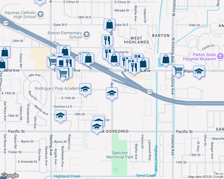 map of restaurants, bars, coffee shops, grocery stores, and more near 2239 Arden Avenue in Highland