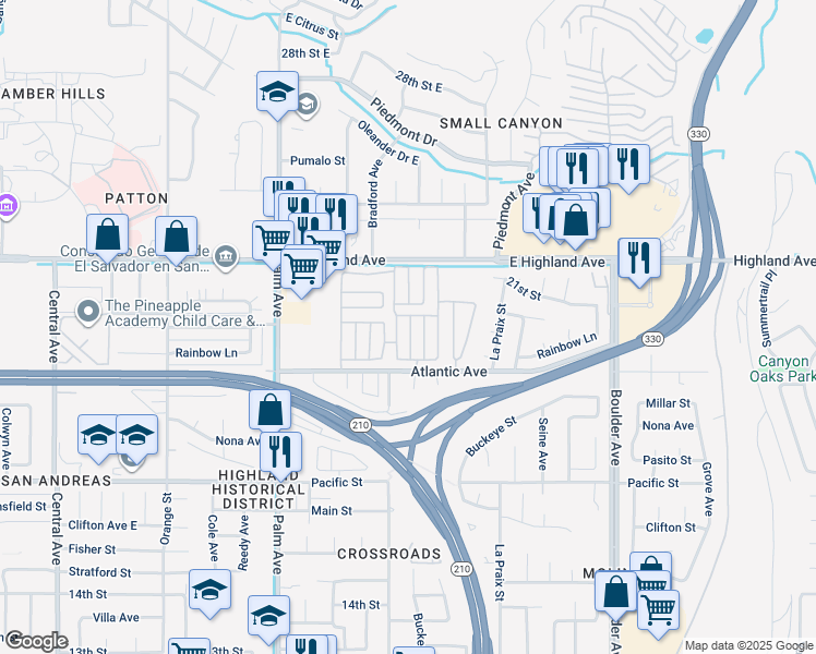 map of restaurants, bars, coffee shops, grocery stores, and more near 3850 Atlantic Avenue in Highland