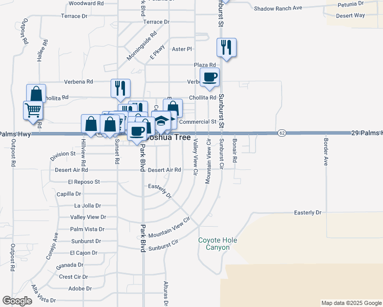 map of restaurants, bars, coffee shops, grocery stores, and more near 62060 Valley View Circle in Joshua Tree