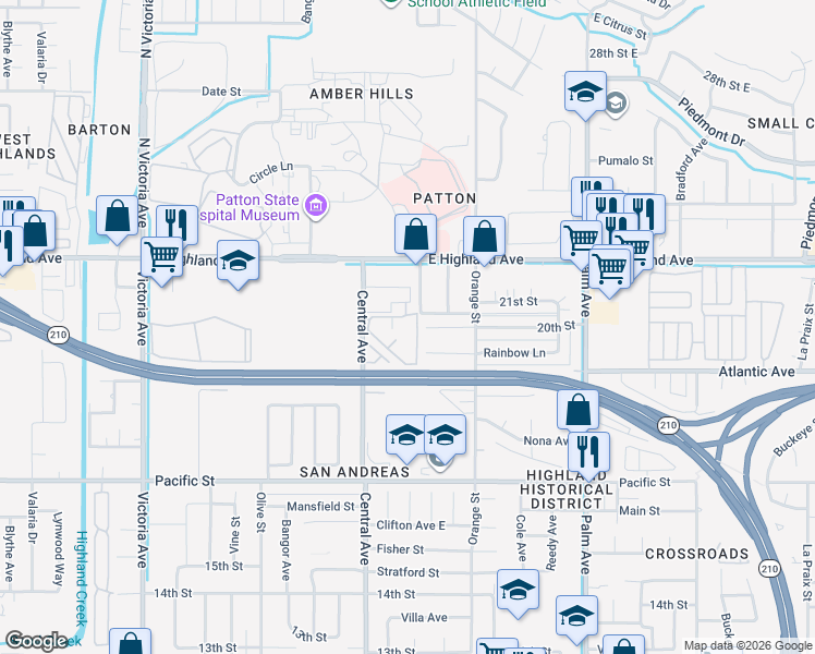 map of restaurants, bars, coffee shops, grocery stores, and more near 2055 Central Avenue in Highland