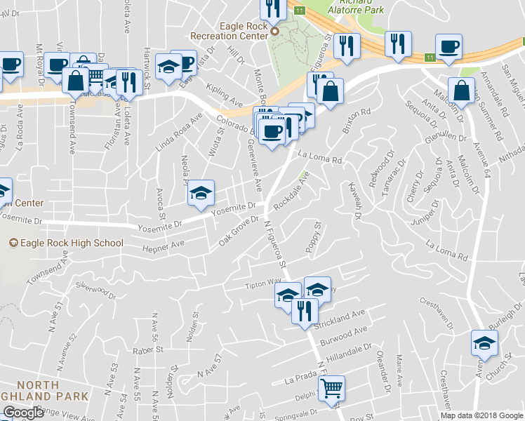 map of restaurants, bars, coffee shops, grocery stores, and more near 1001 Oak Grove Drive in Los Angeles
